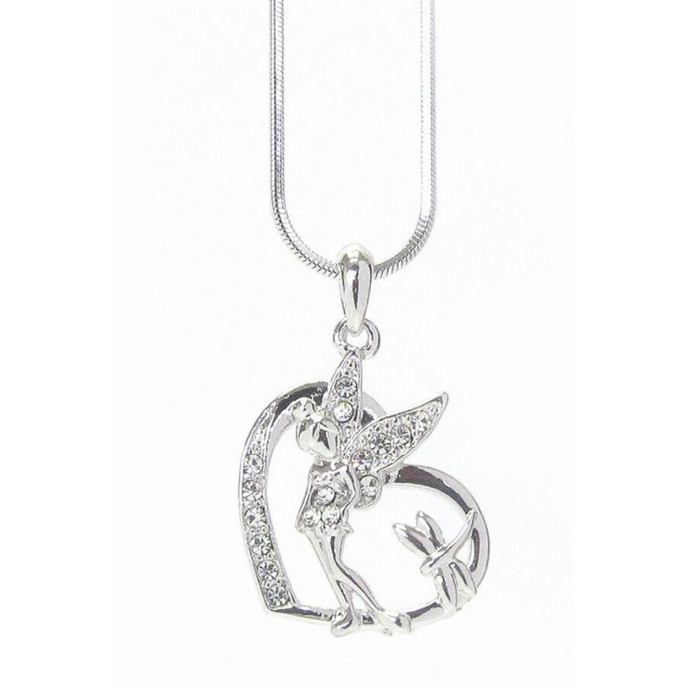 Whitegold Plated Crystal Fairy in Heart Necklace NWT